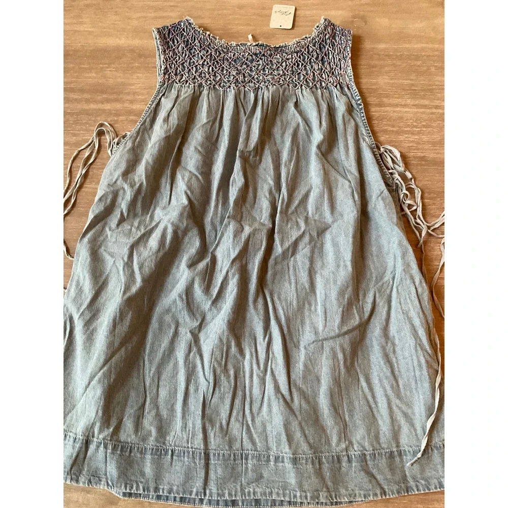Free People Maisie Smocked Denim Mini Dress Large New With Tags